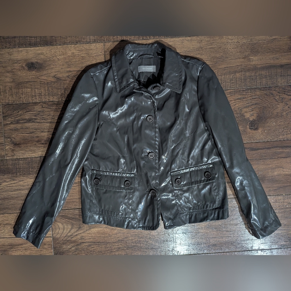 Liz Claiborne Dark Gray Faux Patent Leather Button Down Jacket Size 8 Retro Chic